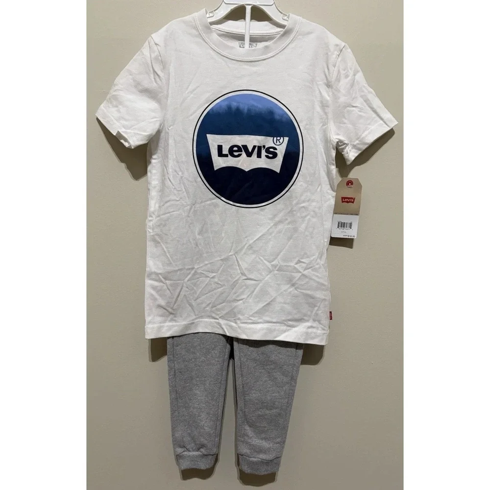 Levis Boys White Logo T-shirt S & Eddie Bauer Gray Sweatpants 4 Set